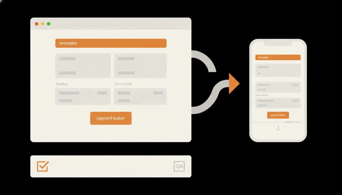 Side-by-side comparison of desktop and mobile checkout layouts showing extension placement differences