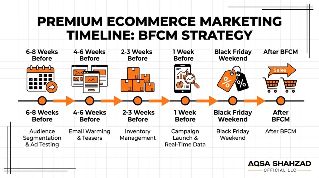 Shopify Black Friday timeline checklist showing preparation tasks from October through Cyber Monday and post-BFCM retention activities.
