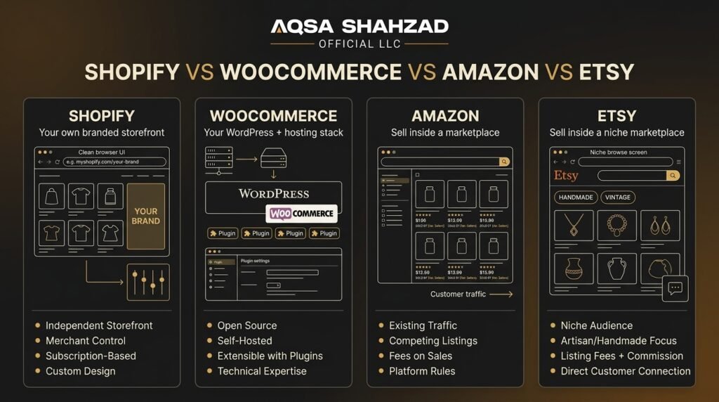 shopify vs woocommerce vs amazon vs esty