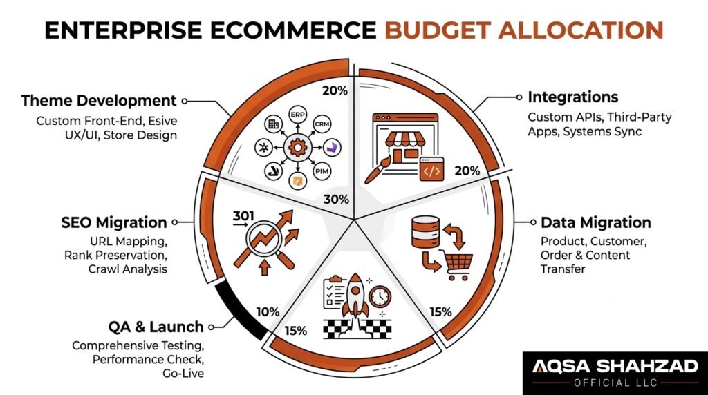 Shopify migration budget breakdown showing theme development, integrations, SEO and migration costs.