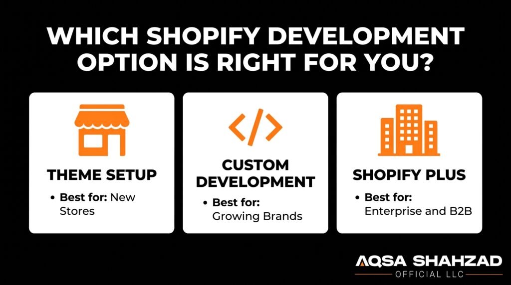 Comparison of theme setup custom development and Shopify Plus development options