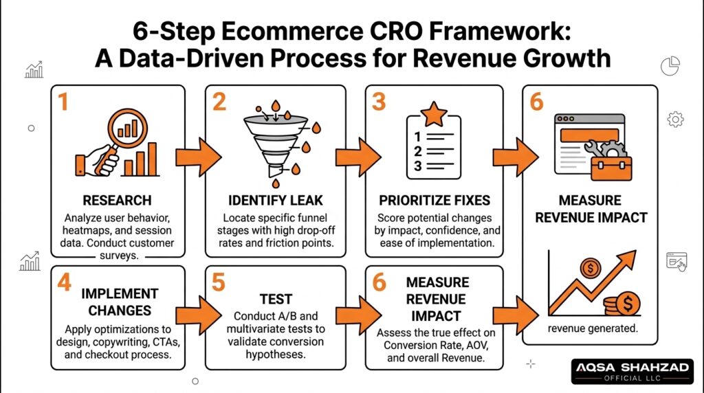 Six-step ecommerce CRO process showing research, prioritization, testing and revenue measurement.