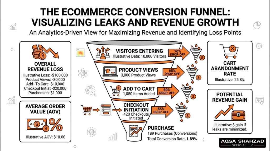 Ecommerce funnel showing product views, cart additions, checkout and purchase drop-offs.
