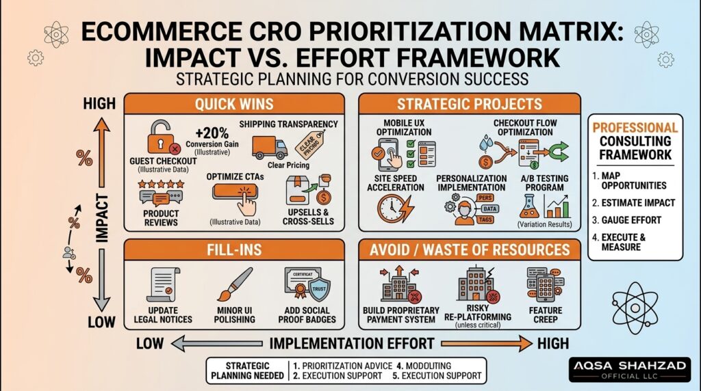 Ecommerce CRO prioritization matrix comparing impact and implementation effort.