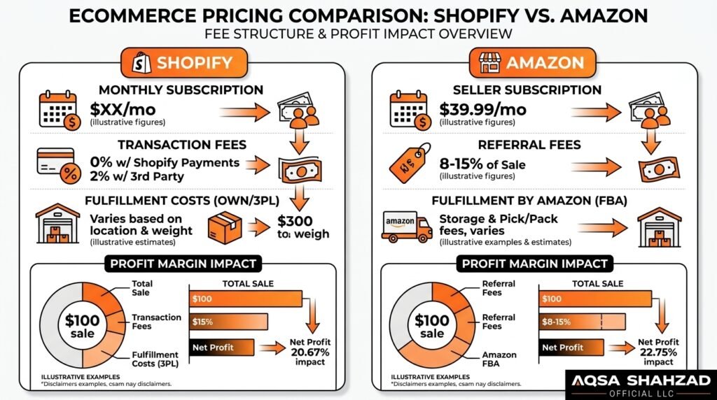 Shopify vs Amazon pricing comparison showing monthly plans, transaction fees, referral fees, and fulfillment costs