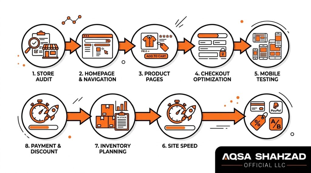 Shopify Black Friday preparation roadmap covering store audit, homepage optimization, product pages, checkout, mobile testing, speed, inventory, and payment verification.