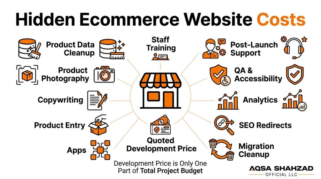 Hidden ecommerce website costs including product data cleanup, apps, migration, SEO, QA and post-launch support