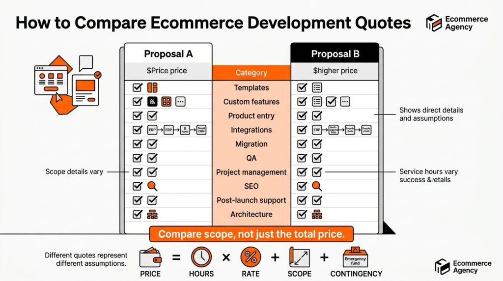 How to compare ecommerce development quotes by scope, integrations, migration, QA, SEO and post-launch support