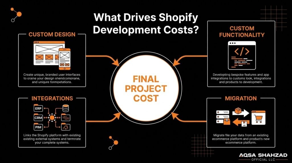 Main factors affecting Shopify development cost including design integrations migration and custom functionality