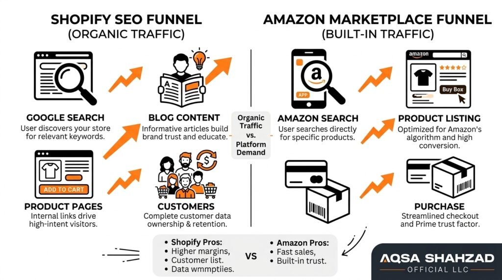 Shopify SEO traffic compared with Amazon marketplace traffic acquisition