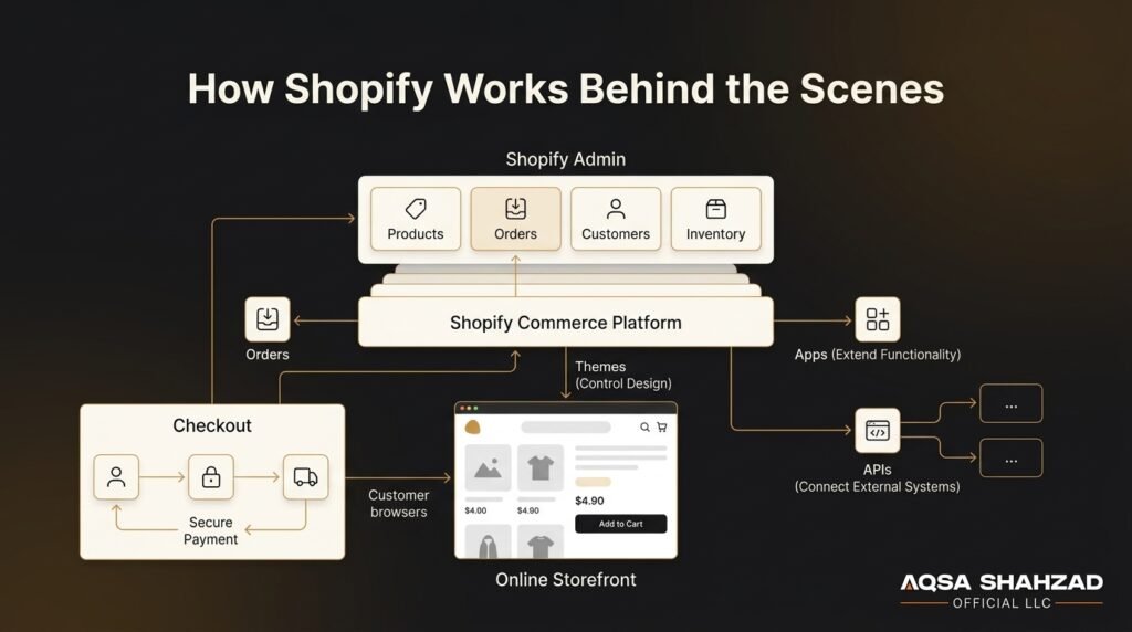 Shopify admin to storefront workflow infographic.