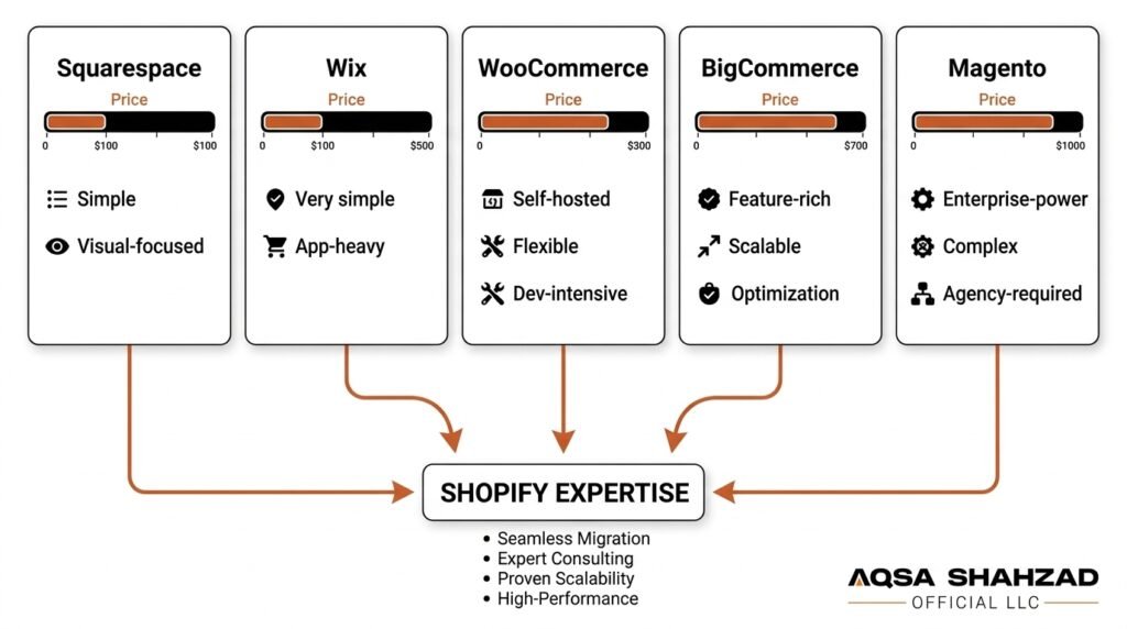 Shopify migration cost comparison by platform including Squarespace, Wix, WooCommerce, BigCommerce and Magento.