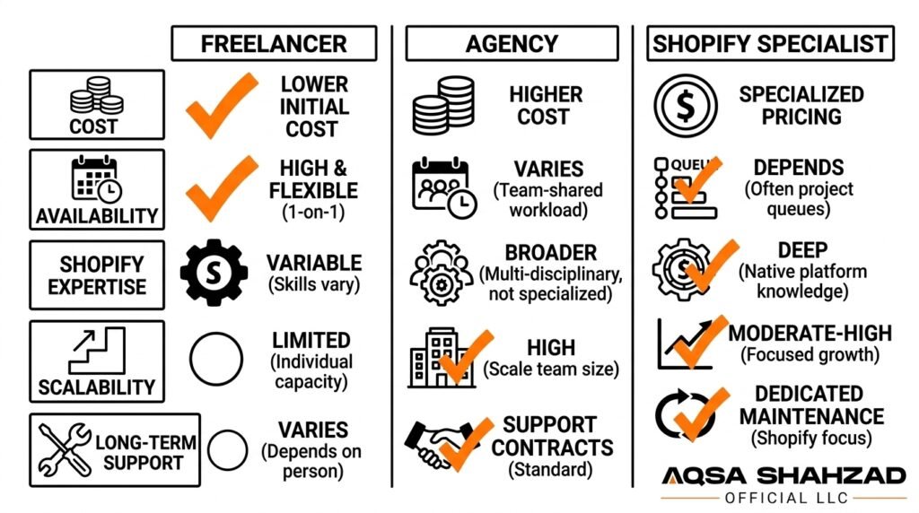 Comparison of freelancer, agency, and Shopify specialist development teams