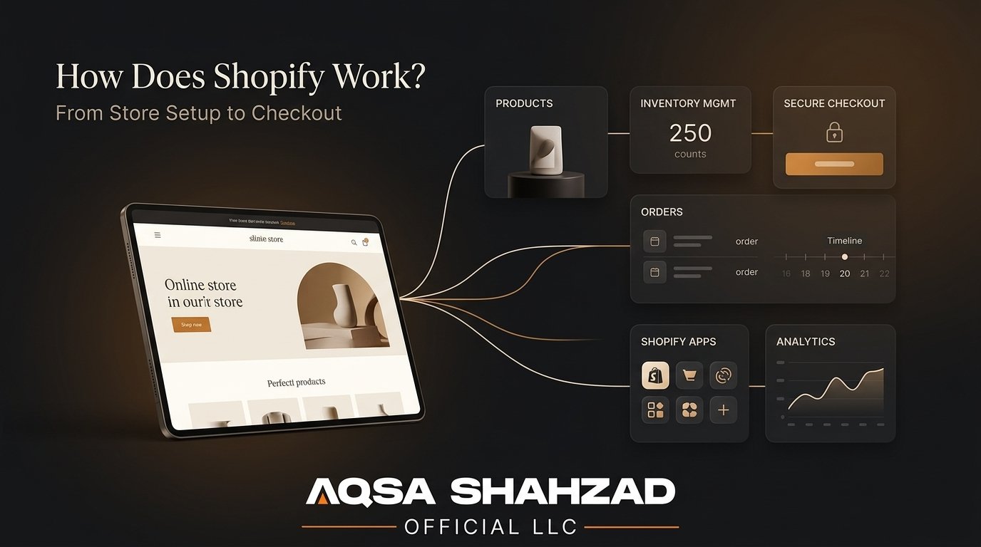 How Shopify works ecosystem infographic showing store, checkout, payments, apps, and customers.