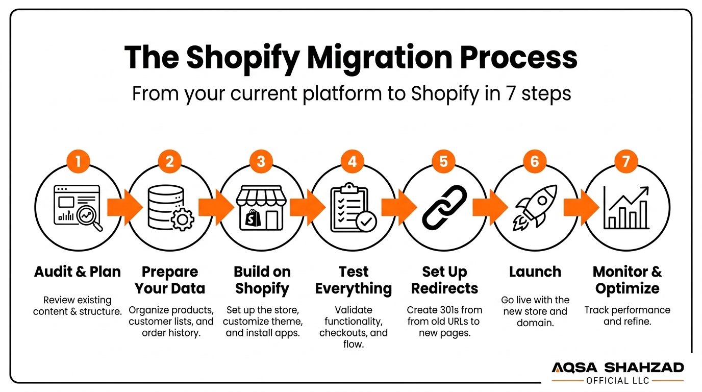 Step-by-step Shopify migration process from audit and data preparation to launch and post-launch monitoring