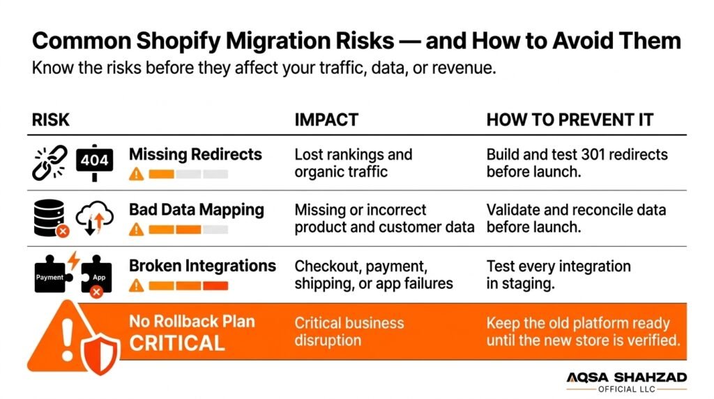 Shopify migration risk matrix showing common migration problems, their impact, and how to prevent them