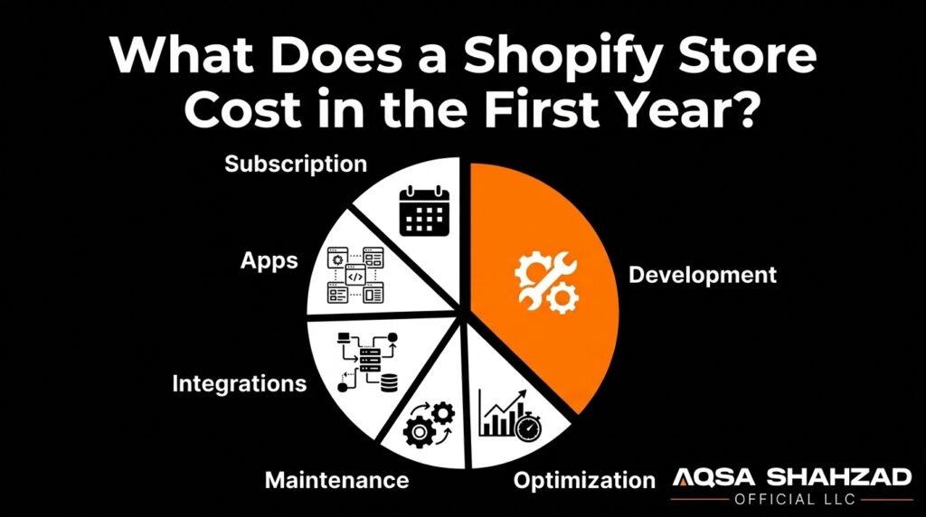 Breakdown of first year Shopify costs including development apps maintenance and subscriptions