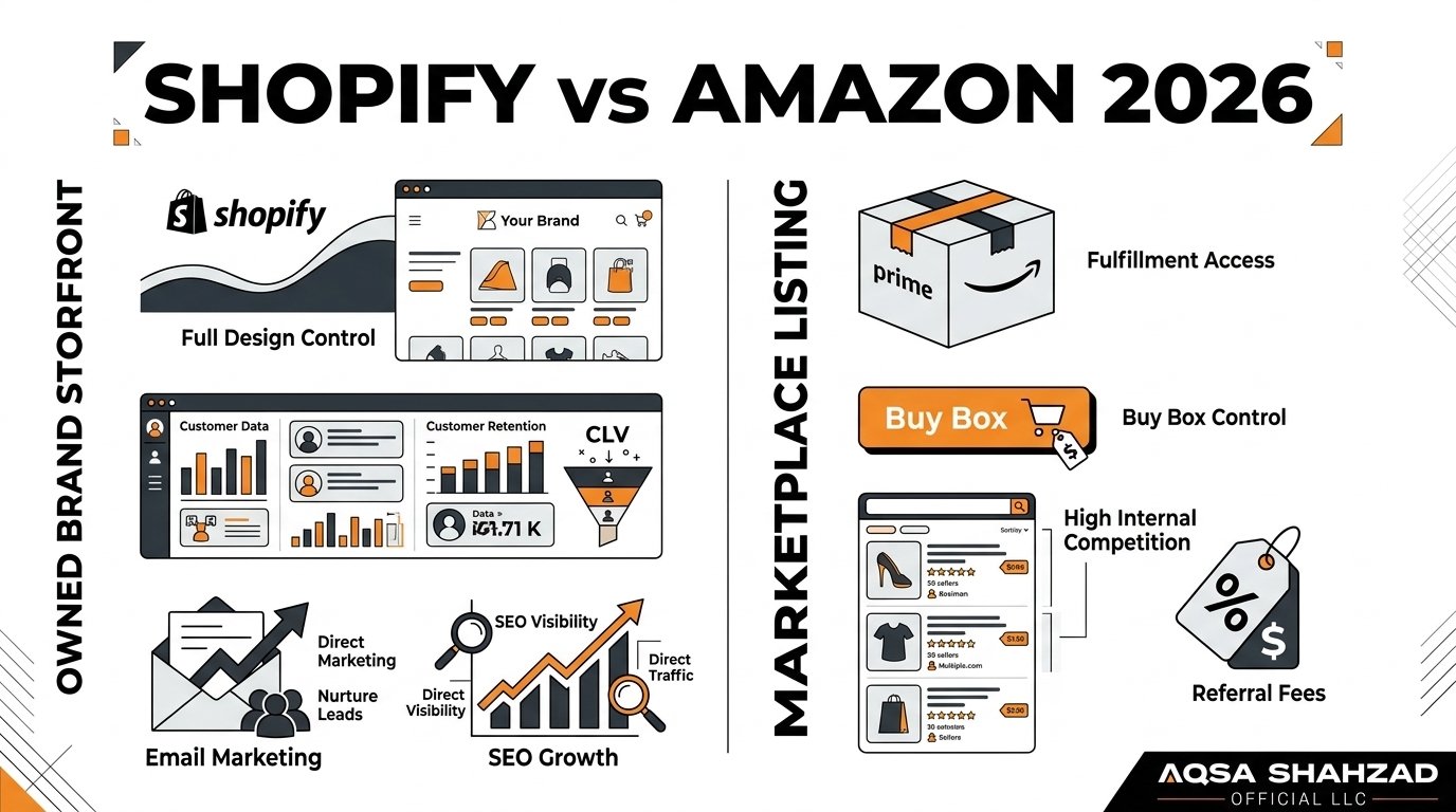 Shopify vs Amazon comparison showing ownership, branding, SEO, customer data, and marketplace differences in 2026