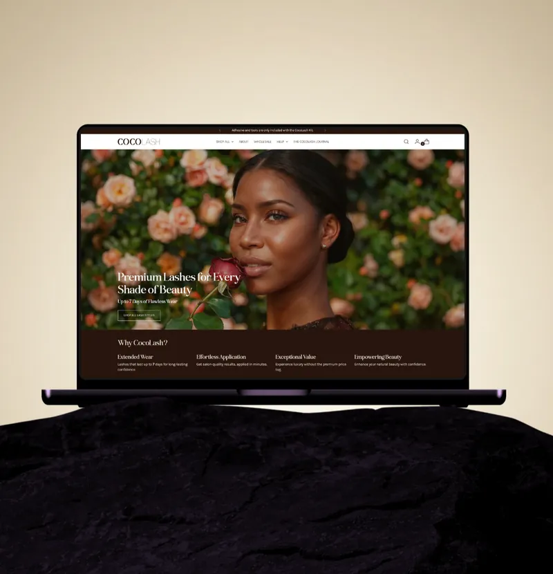 The CocoLash Shopify storefront on a laptop