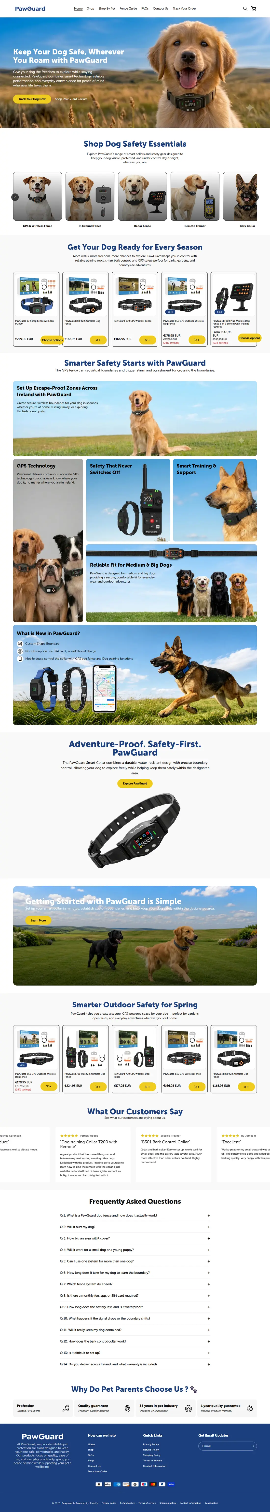 The pawguard.ie homepage, full page: hero, shop-by-category, seasonal picks, bestsellers, fence guide and footer