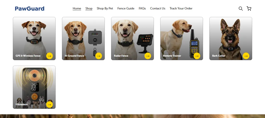 The Shop mega menu open: GPS and wireless fence, in-ground fence, radar fence, remote trainer, bark collar and ultrasonic, each with a photograph