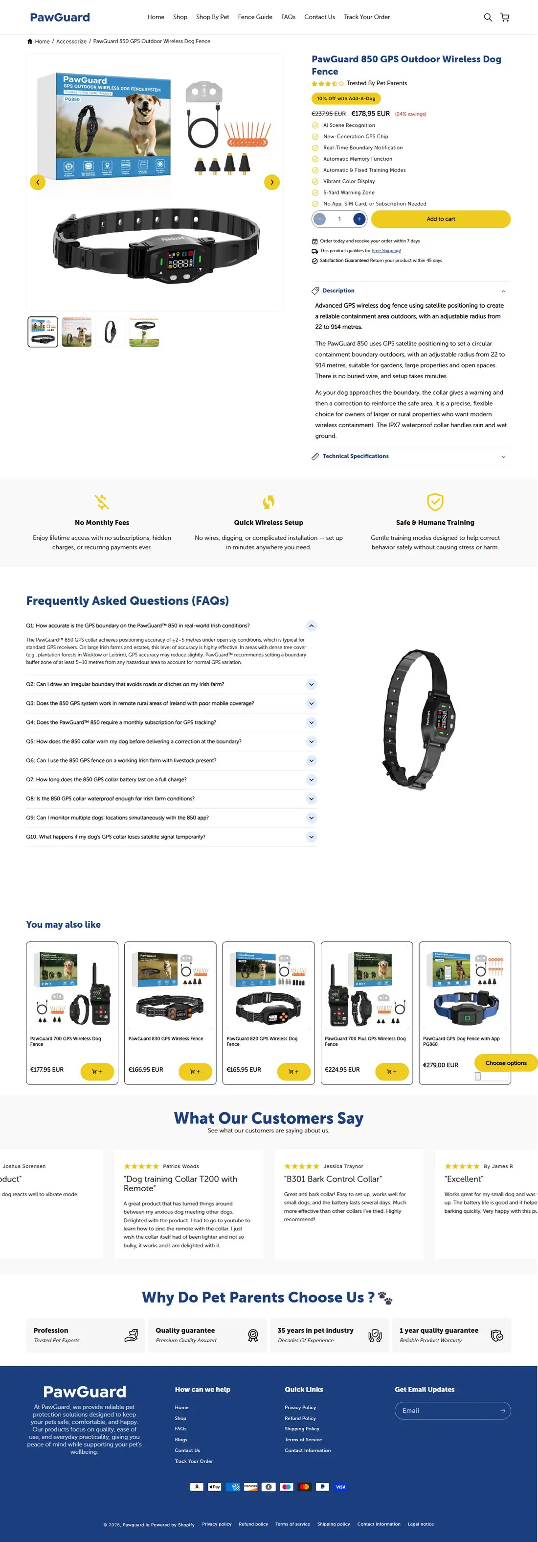 The PawGuard 850 GPS wireless dog fence product page: gallery, price, feature list, add to cart, description, guarantees