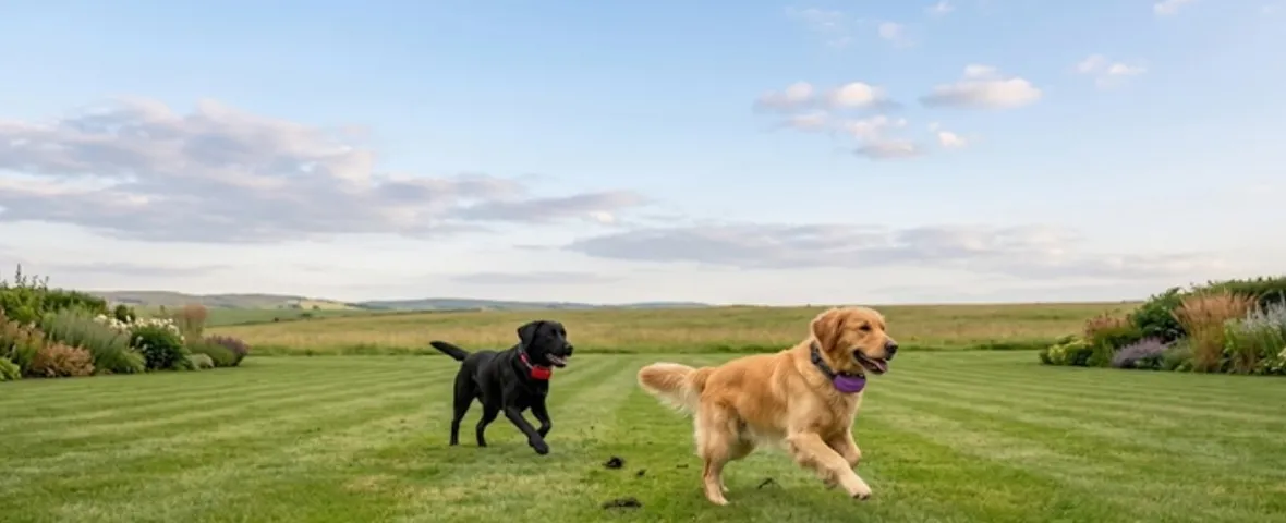 Main lifestyle image: two dogs on a lawn