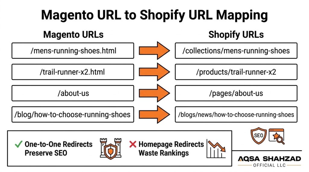 Examples of Magento URLs mapped to Shopify URLs using SEO-friendly 301 redirects.