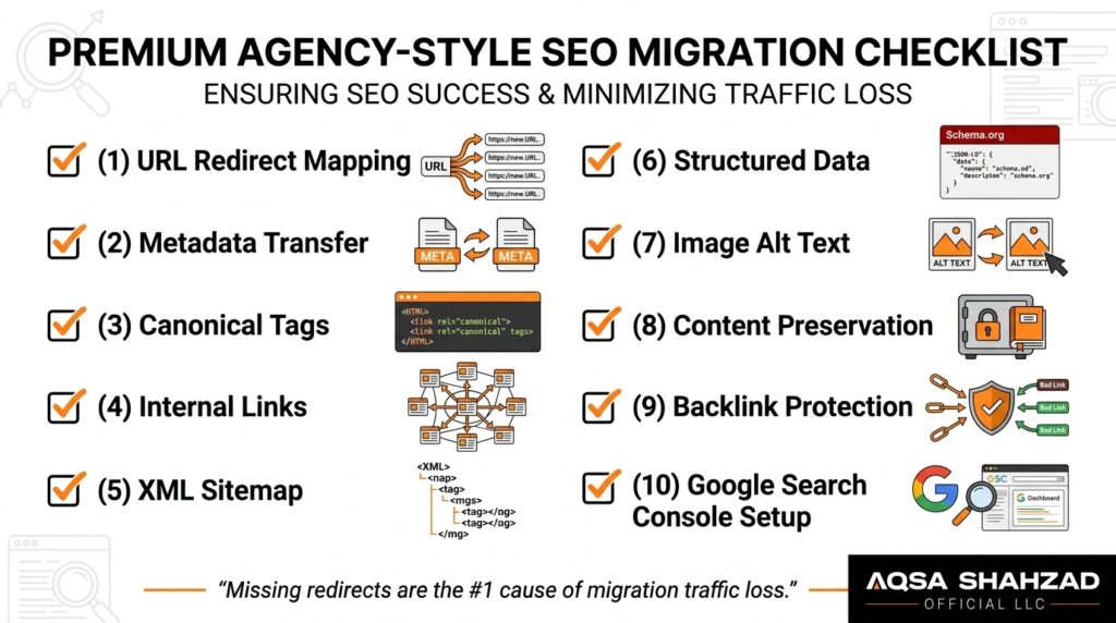 SEO migration checklist for preserving rankings during a Magento to Shopify migration.
