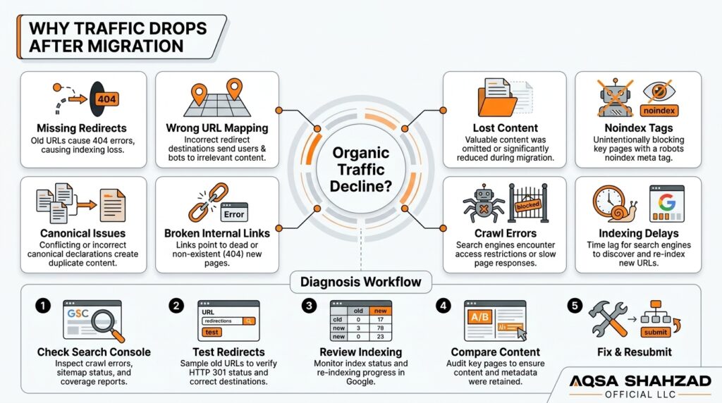 Common reasons for organic traffic drops after a Shopify migration and how to diagnose them.