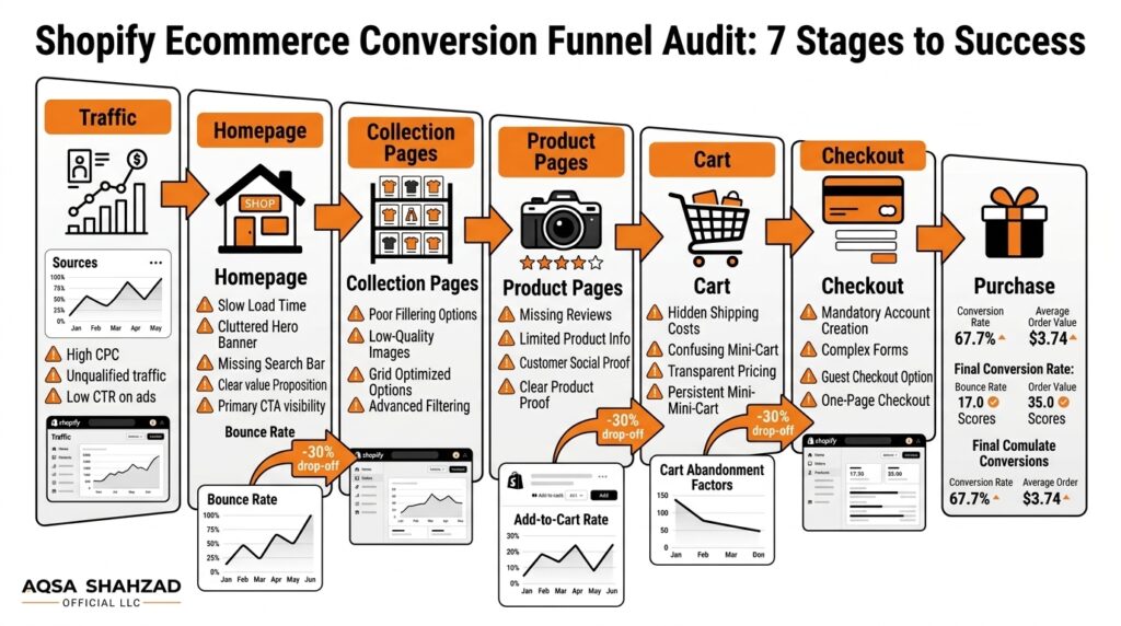 Shopify conversion funnel showing where visitors drop off between homepage, product pages, cart, and checkout.