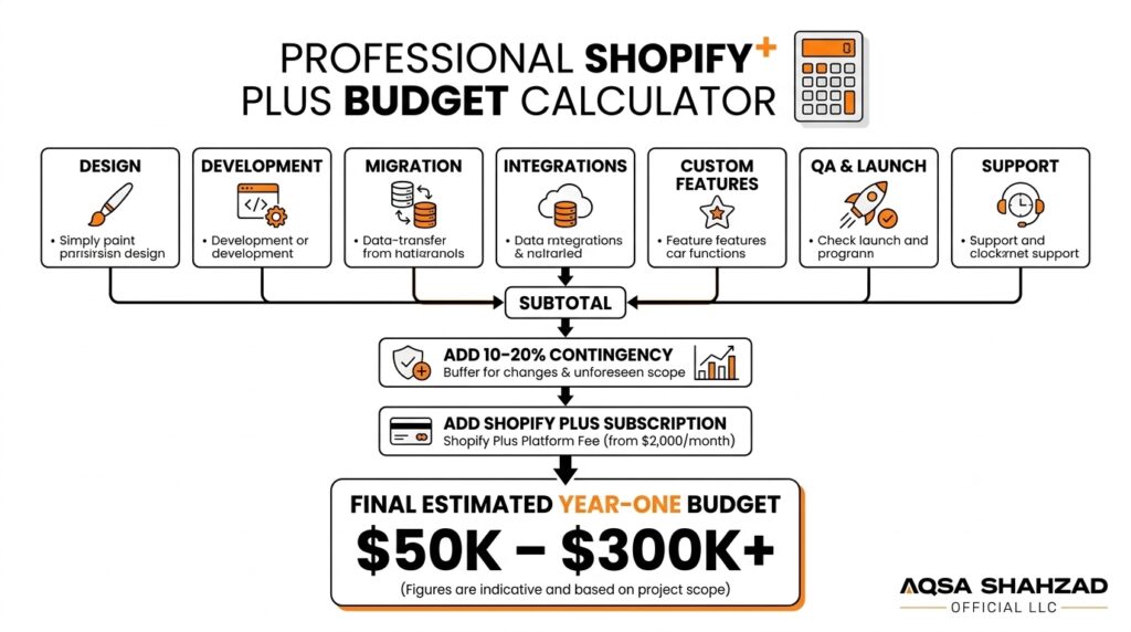 Framework showing how to estimate a Shopify Plus development budget including design
, development, migration, integrations, QA, support, and contingency.