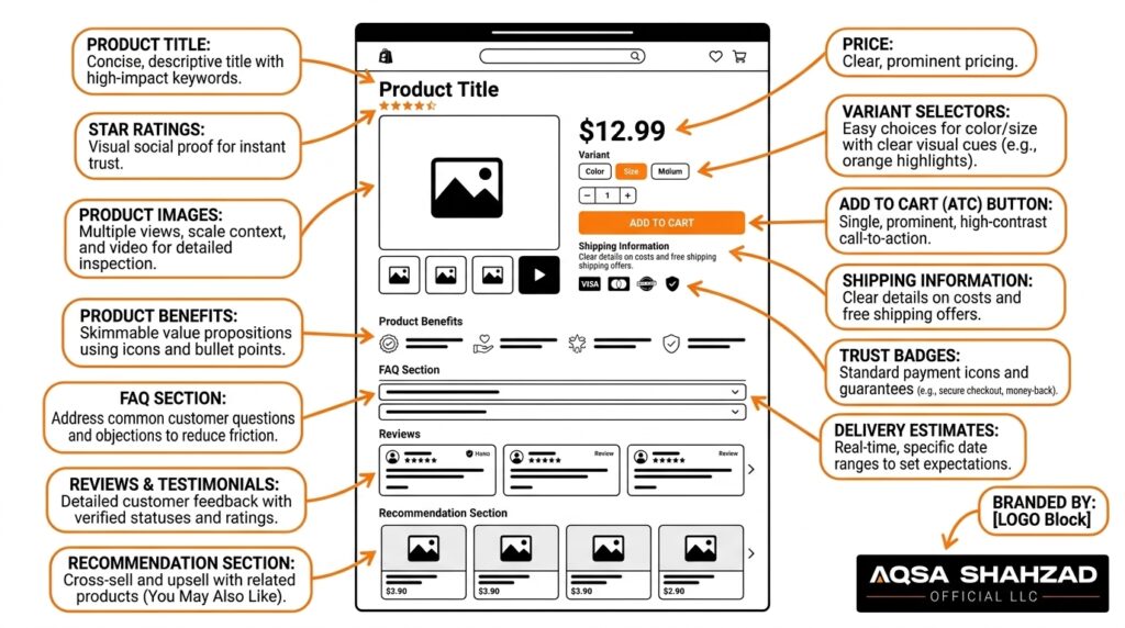 Annotated Shopify product page showing key conversion optimization elements and audit checkpoints.