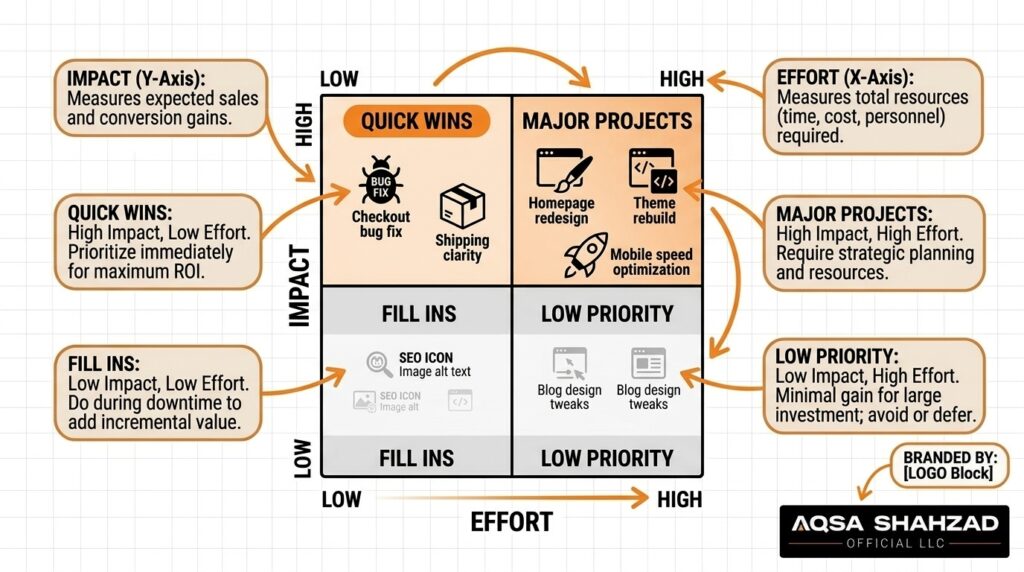 Impact versus effort matrix for prioritizing Shopify CRO audit findings and optimization tasks.
