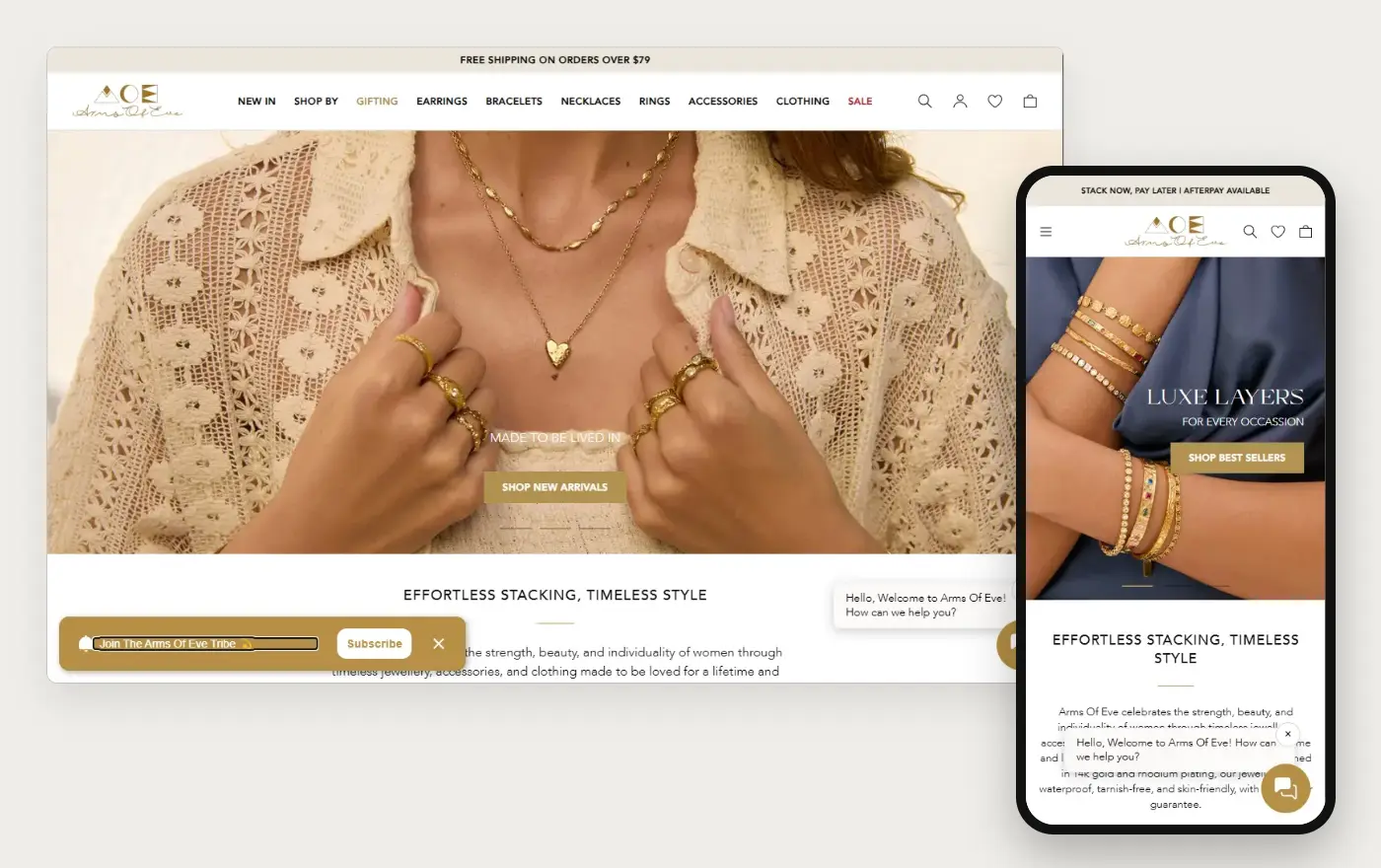 Arms of Eve's Shopify store homepage on desktop and mobile, captured on 10 October 2026