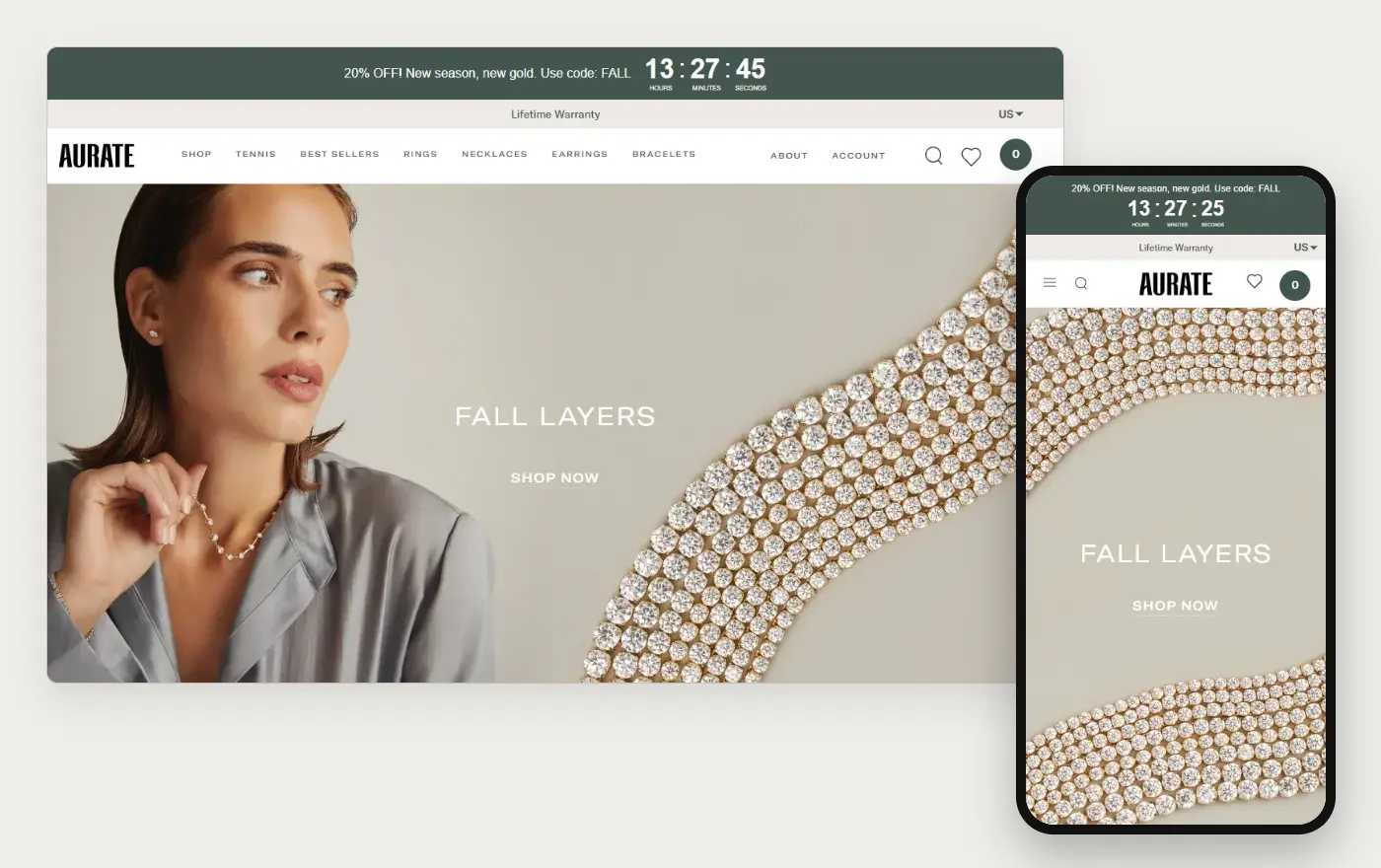 Aurate's Shopify store homepage on desktop and mobile, captured on 10 October 2026