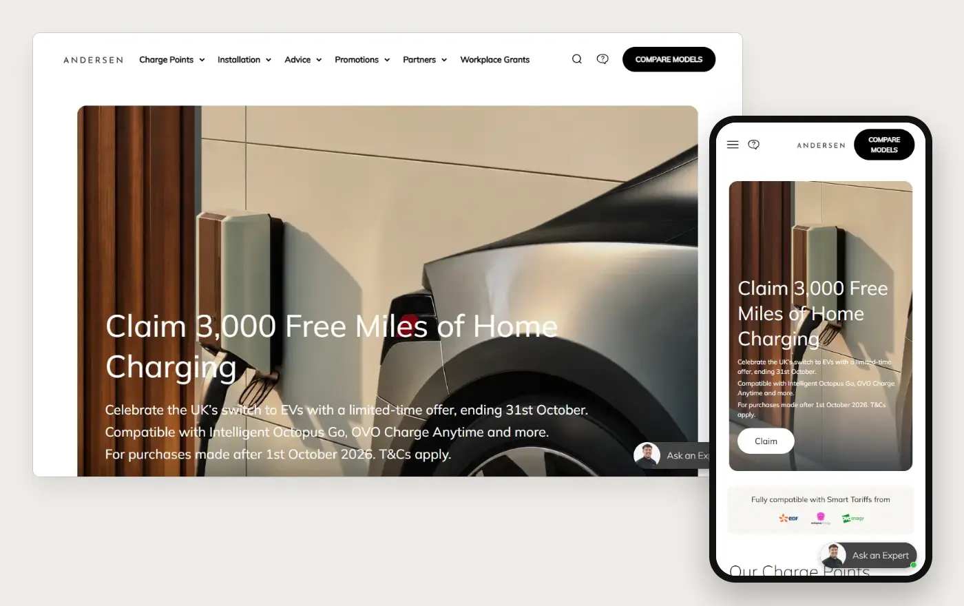 Andersen EV homepage on a laptop and a phone, 19 October 2026