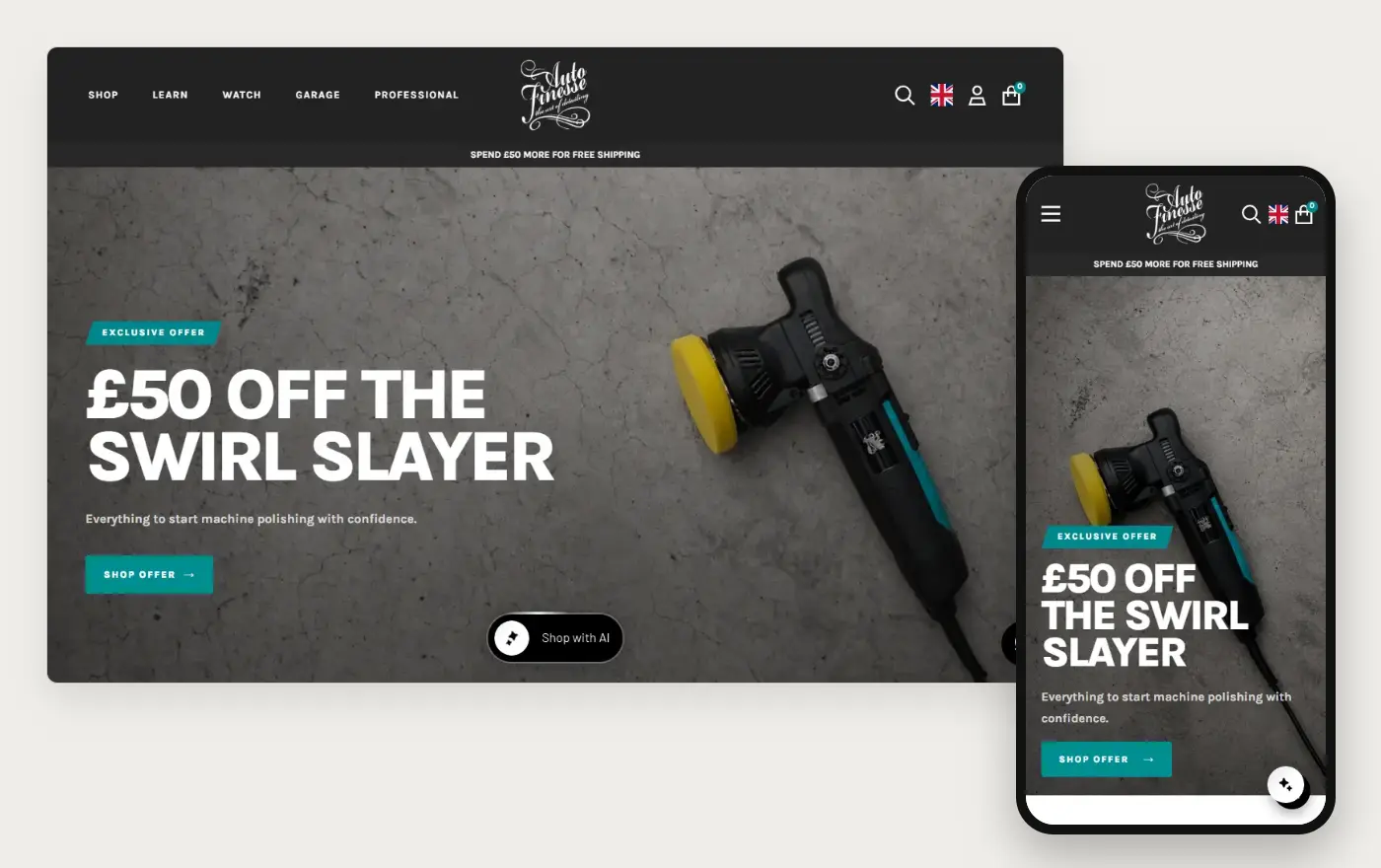 Auto Finesse homepage on a laptop and a phone, 19 October 2026