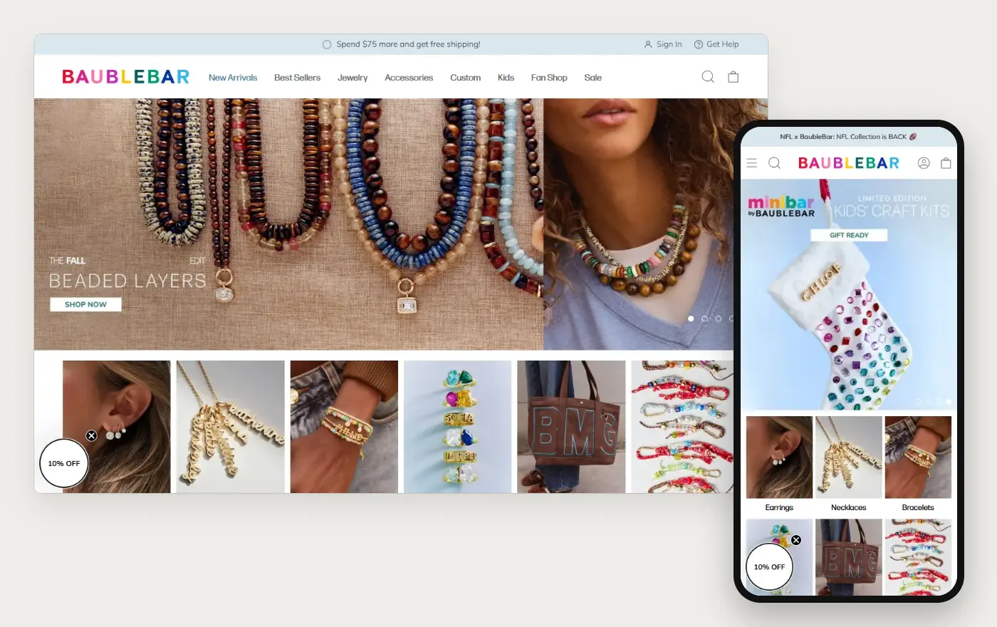 BaubleBar's Shopify store homepage on desktop and mobile, captured on 10 October 2026