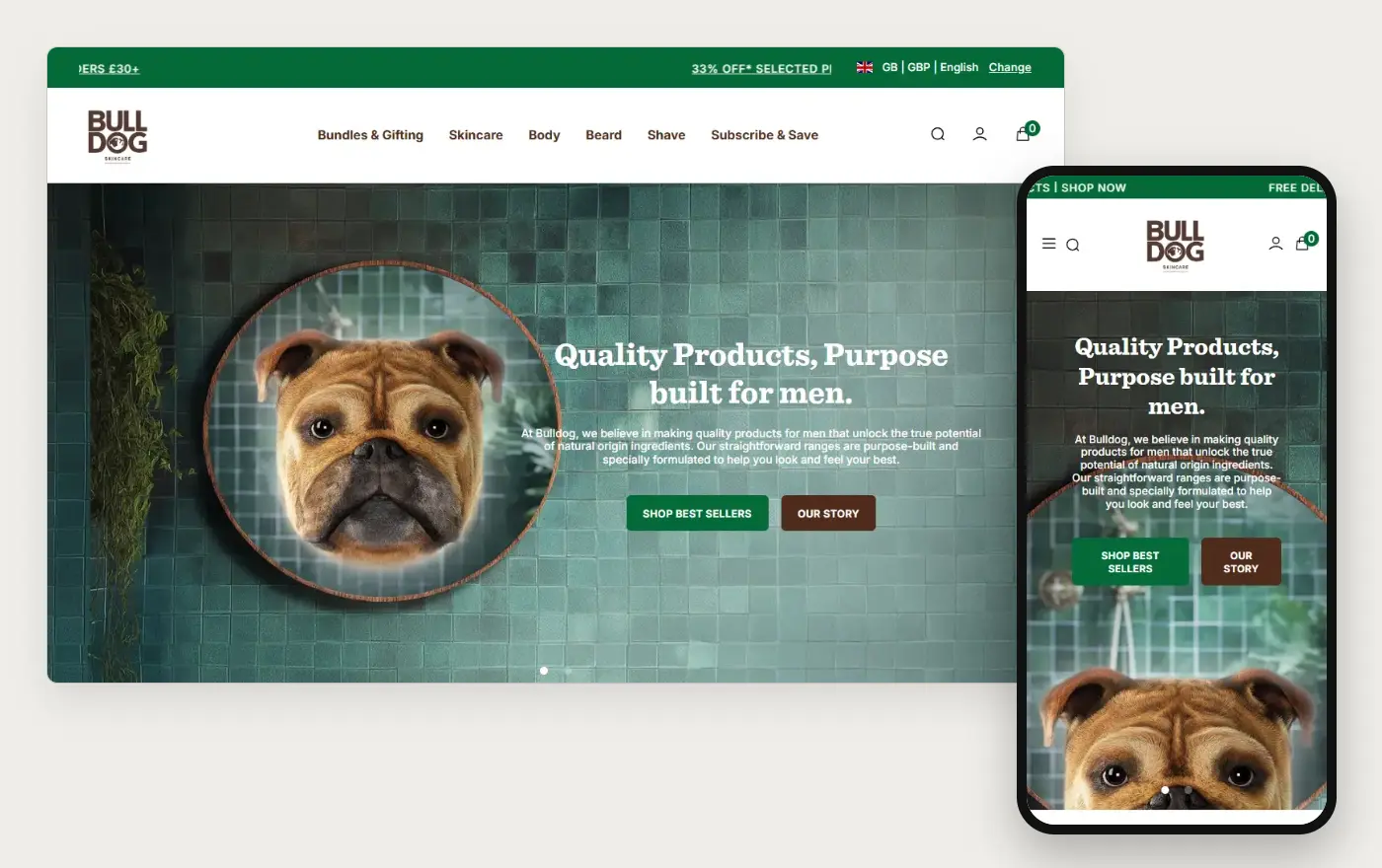 Bulldog Skincare storefront, desktop and phone views captured 20 October 2026