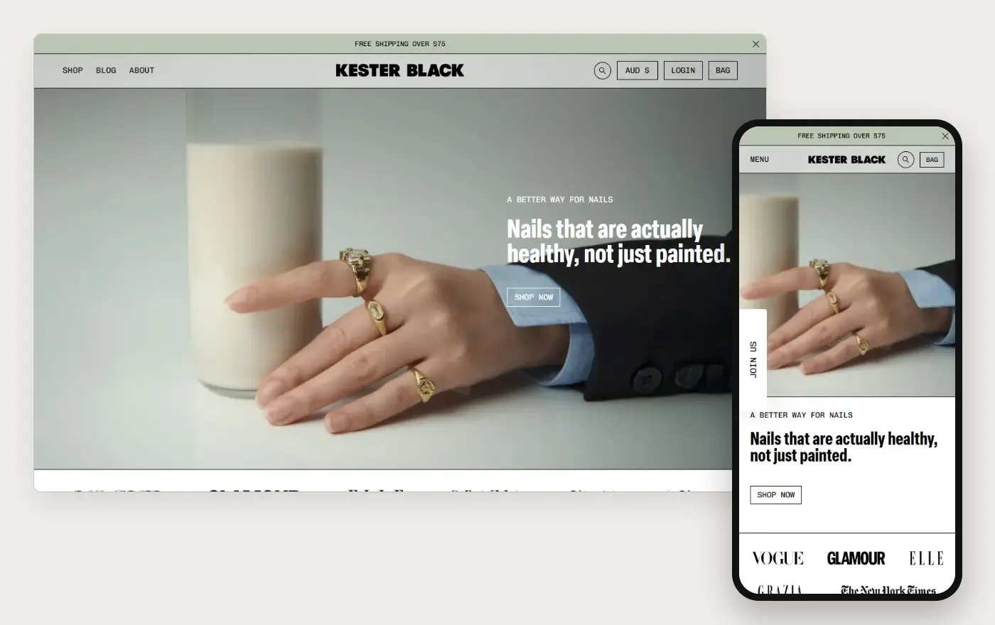 Kester Black storefront, desktop and phone views captured 20 October 2026