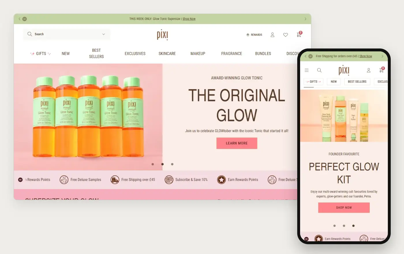 Pixi Beauty storefront, desktop and phone views captured 20 October 2026