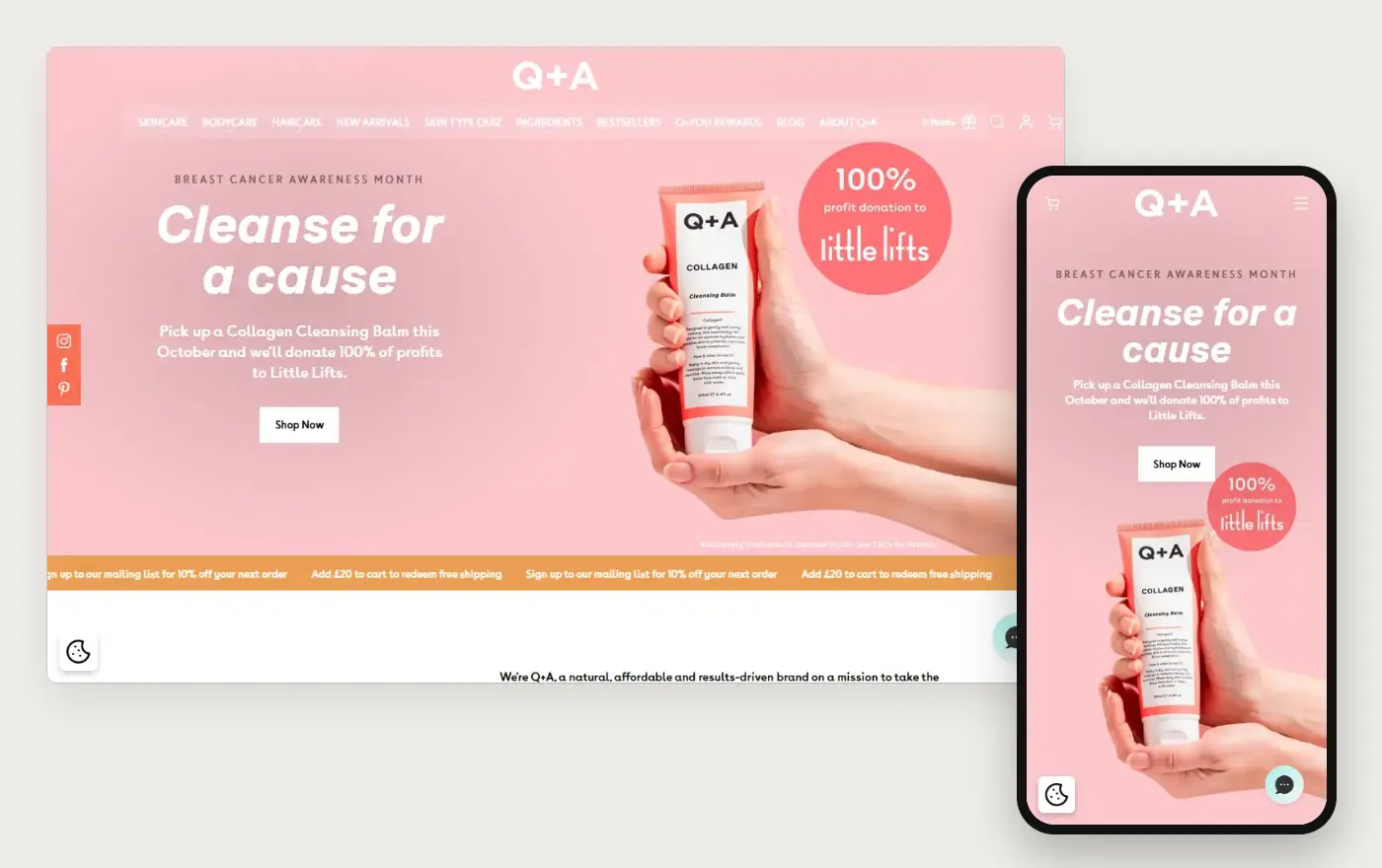 Q+A storefront, desktop and phone views captured 20 October 2026