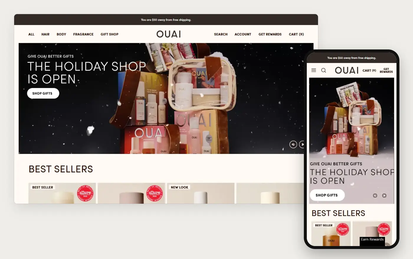 Ouai storefront, desktop and phone views captured 20 October 2026