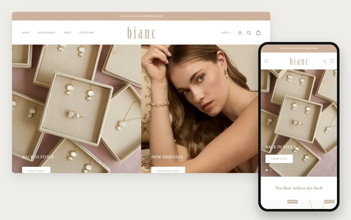 Bianc's Shopify store homepage on desktop and mobile, captured on 10 October 2026