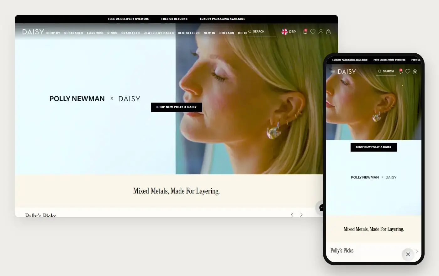 Daisy London's Shopify store homepage on desktop and mobile, captured on 10 October 2026