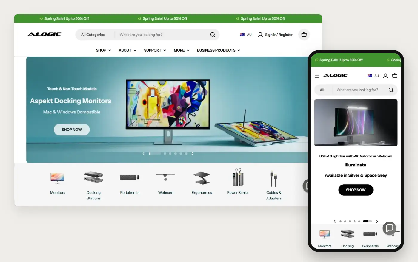 Laptop and phone views of the Alogic Shopify homepage, 19 October 2026