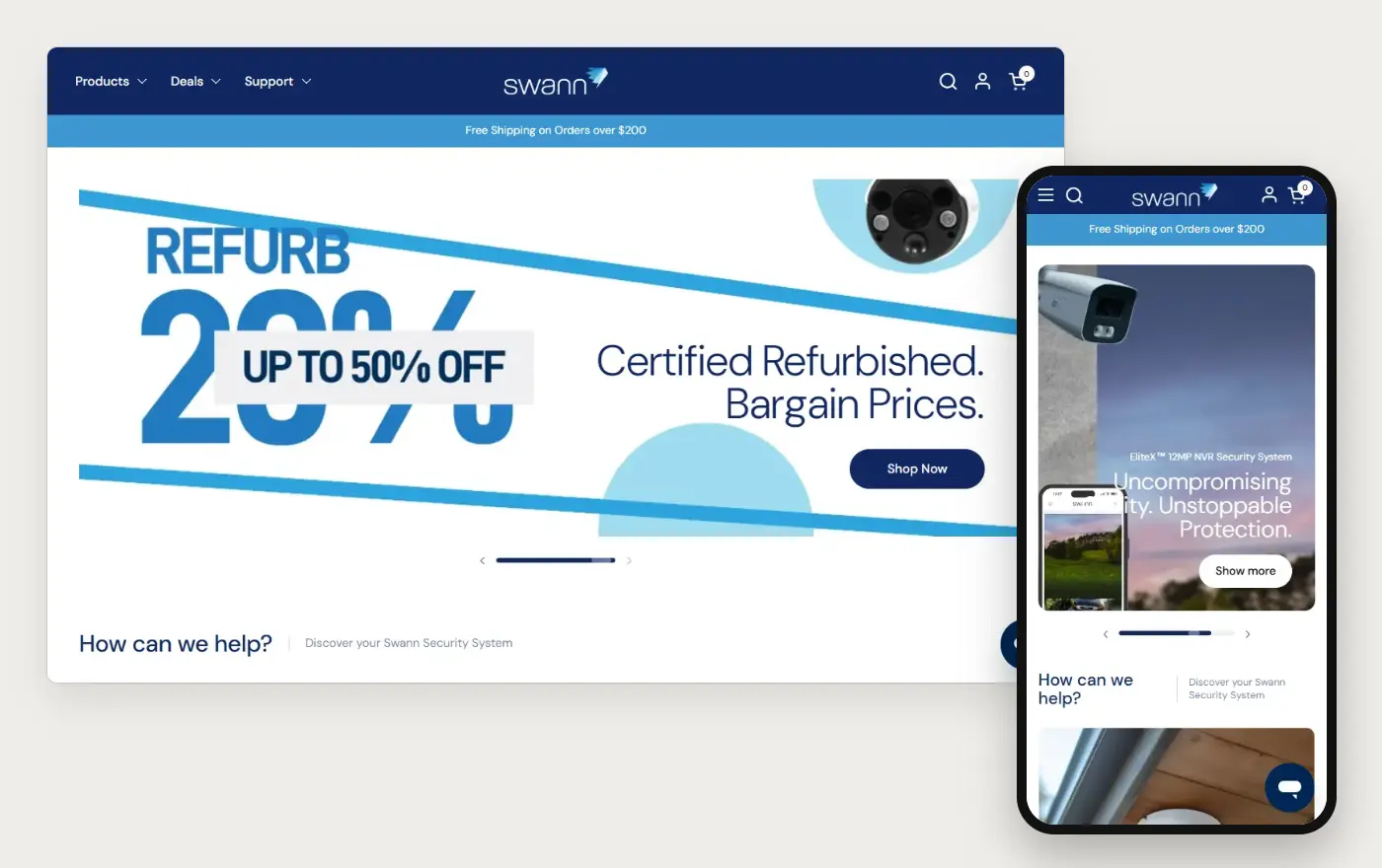 Laptop and phone views of the Swann Shopify homepage, 19 October 2026
