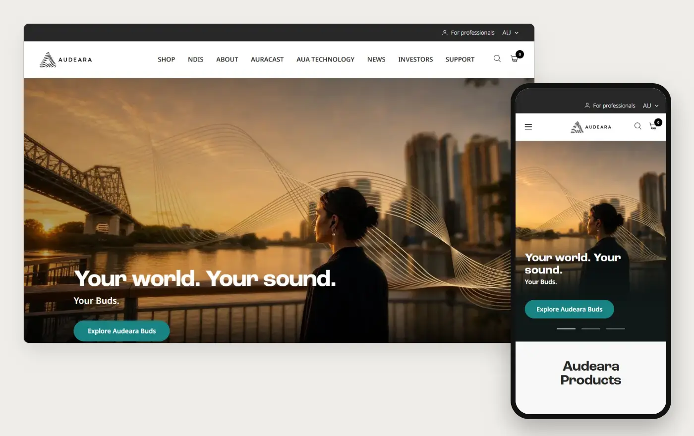 Laptop and phone views of the Audeara Shopify homepage, 19 October 2026