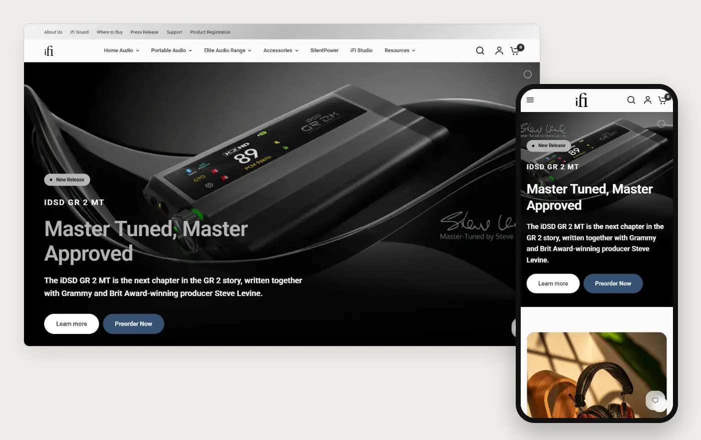 Laptop and phone views of the iFi audio Shopify homepage, 19 October 2026
